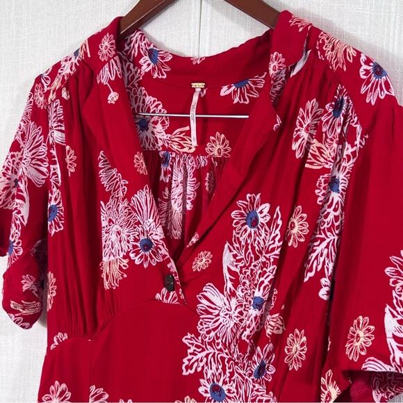 Free People Blue Hawaii Collared Short Sleeve Red Mini Dress Size L - Picture 11 of 16